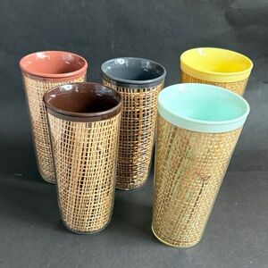 Vintage Raffiawear Rattan Burlap Tumblers Set of 5. Various Colors